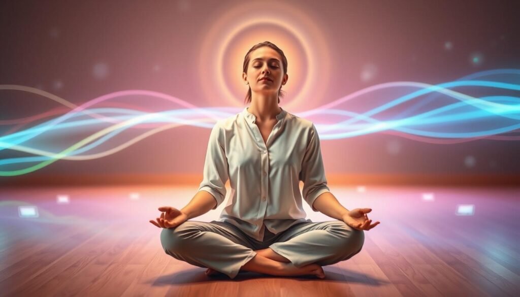 A serene and calming atmosphere illustrating the concept of distance energy healing techniques. In the foreground, a professional practitioner, dressed in modest casual attire, is seated cross-legged in a meditative pose, eyes closed, radiating a soft, ethereal glow. In the middle ground, there are gentle waves of colorful energy fields, depicting the flow of Access Bars® and Theta Healing®, subtly intertwining around the practitioner. The background features abstract representations of virtual connectivity, with faint outlines of digital devices, symbolizing online coaching. The lighting is soft and warm, with a gentle halo effect around the practitioner. The overall mood is tranquil, inviting, and insightful, conveying the harmony of alternative healing practices in both physical and virtual environments.