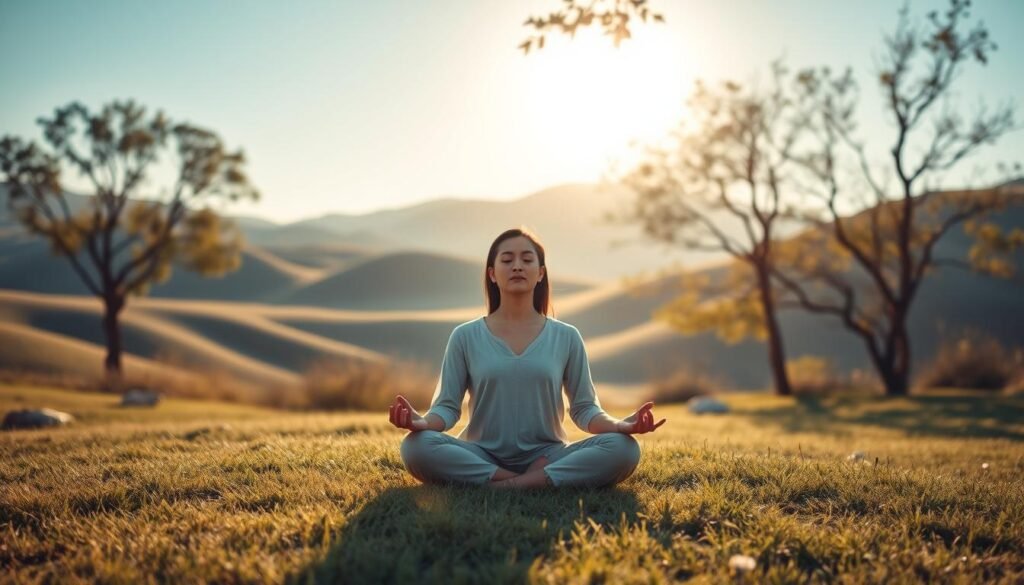 A serene and calming scene depicting a person practicing guided meditation in a tranquil setting. In the foreground, a figure seated cross-legged on a soft, grassy surface, wearing modest, comfortable clothing, eyes gently closed, embodying a state of deep relaxation. The middle ground features gentle hills and flowing trees, creating an inviting space, with subtle elements like smooth stones and soft flowers, enhancing the atmosphere of peace. In the background, a clear blue sky with soft, golden sunlight filtering through the leaves, casting a warm glow on the scene. The overall mood is serene and restorative, designed to evoke a sense of calmness and mental clarity, ideal for stress relief techniques. The angle should be slightly elevated to capture the expansive environment around the meditator, emphasizing tranquility and focus. A serene and calming scene depicting a person practicing guided meditation in a tranquil setting. In the foreground, a figure seated cross-legged on a soft, grassy surface, wearing modest, comfortable clothing, eyes gently closed, embodying a state of deep relaxation. The middle ground features gentle hills and flowing trees, creating an inviting space, with subtle elements like smooth stones and soft flowers, enhancing the atmosphere of peace. In the background, a clear blue sky with soft, golden sunlight filtering through the leaves, casting a warm glow on the scene. The overall mood is serene and restorative, designed to evoke a sense of calmness and mental clarity, ideal for stress relief techniques. The angle should be slightly elevated to capture the expansive environment around the meditator, emphasizing tranquility and focus.
