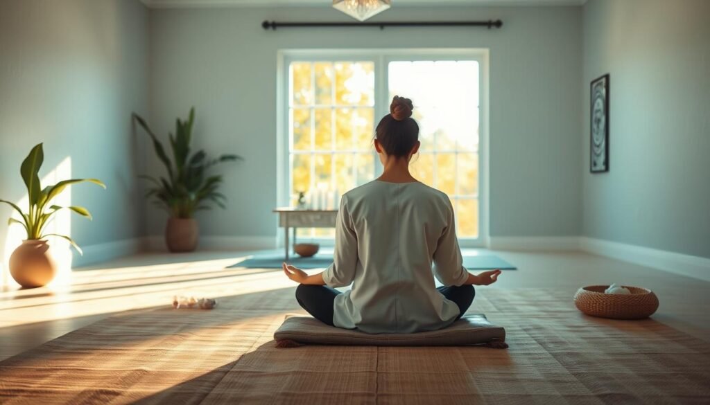 A serene and inviting scene depicting holistic therapy and spiritual development. Foreground features a peaceful, softly-lit meditation space with a person in professional, modest attire sitting cross-legged on a cushion, surrounded by natural elements like plants and crystals. In the middle ground, a softly glowing altar with candles and thoughtful spiritual symbols, reflecting alignment and balance. Background shows a large window with golden sunlight streaming through, illuminating the space, and soft, calming colors such as light green and soft blue. The atmosphere is tranquil, encouraging introspection and inner peace. Use a wide-angle lens to capture the expanse of the room, ensuring a harmonious and uplifting mood. A serene and inviting scene depicting holistic therapy and spiritual development. Foreground features a peaceful, softly-lit meditation space with a person in professional, modest attire sitting cross-legged on a cushion, surrounded by natural elements like plants and crystals. In the middle ground, a softly glowing altar with candles and thoughtful spiritual symbols, reflecting alignment and balance. Background shows a large window with golden sunlight streaming through, illuminating the space, and soft, calming colors such as light green and soft blue. The atmosphere is tranquil, encouraging introspection and inner peace. Use a wide-angle lens to capture the expanse of the room, ensuring a harmonious and uplifting mood.