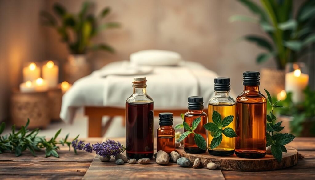 A serene and inviting setting focused on essential oils, showcasing beautifully arranged glass bottles of various oils, such as lavender, eucalyptus, and peppermint. In the foreground, the bottles are placed on a rustic wooden table, surrounded by fresh herbs and small stones. The middle ground features a softly lit massage area with an elegant massage table draped in natural fabrics, complemented by aromatic candles flickering gently. The background includes subtle hints of lush greenery, creating a calming atmosphere. The soft, warm lighting enhances the soothing vibe, while the composition captures a holistic essence. The overall mood conveys tranquility and healing, emphasizing the natural and therapeutic qualities of essential oils in the context of a massage setting.