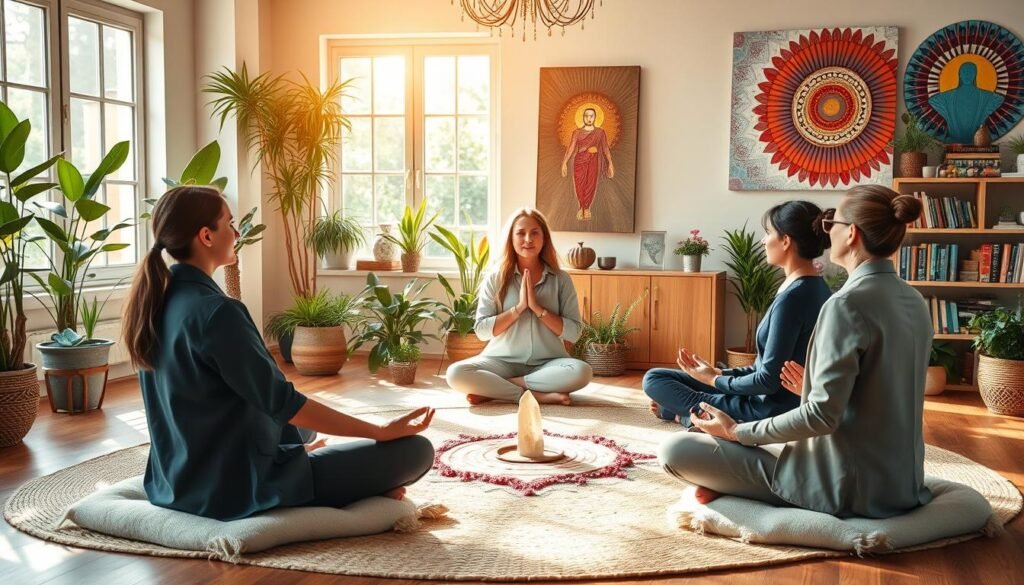 A serene and inviting wellness space dedicated to energy healing techniques. In the foreground, a diverse group of three individuals in professional attire sits in a circle on soft, natural fibers, engaged in a meditation session. One person is demonstrating breathing techniques, while the others follow attentively. In the middle ground, the room is filled with plants and healing crystals, creating a calming atmosphere. Sunlight streams softly through large windows, casting gentle rays onto the floor, enhancing the tranquil mood. In the background, shelves with books on holistic health and energy healing are visible, alongside colorful art depicting various energy practices. The overall ambiance is peaceful and grounded, promoting a sense of balance and vitality.