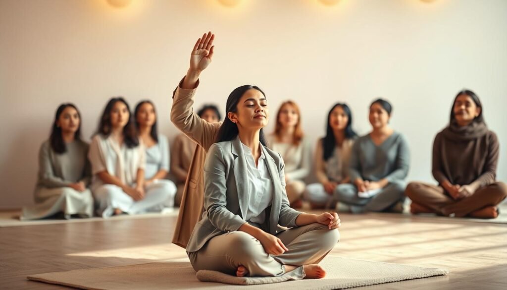 A serene and luminous scene depicting a group of diverse individuals engaged in a Theta Healing session. In the foreground, a woman in modest business attire is seated cross-legged on a soft mat, eyes closed, with a facial expression of peace and transformation. Beside her, a professional-looking therapist, dressed in an elegant outfit, gently places hands above her head, radiating a warm, healing energy. In the middle ground, other participants of various ethnicities observe, creating a sense of community and support. The background features soft, pastel-colored walls that evoke tranquility, with gentle, diffused lighting adding a calming ambiance. The atmosphere is uplifting and hopeful, capturing the essence of real transformations through Theta Healing, emphasizing emotional healing and personal growth.