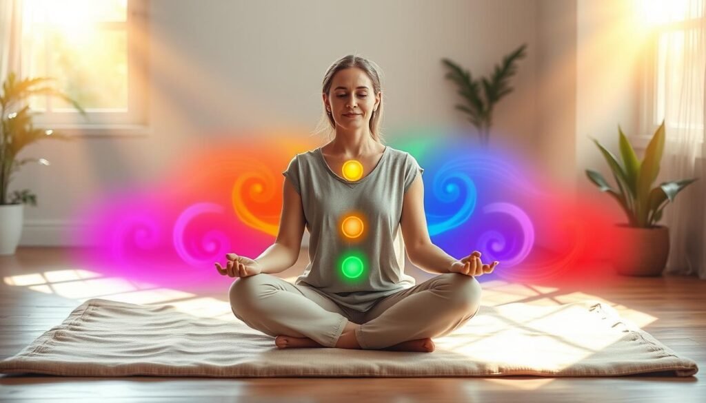 A serene and tranquil scene depicting a woman in modest casual clothing seated cross-legged on a soft, earth-toned mat in a sunlit room. She is surrounded by vibrant, swirling colors representing the seven chakras, each chakra radiating a harmonious glow. The background features gentle, abstract representations of nature, such as plants and soft light streaming through a window, creating a peaceful atmosphere. Golden light beams illuminate the woman's face, showcasing a sense of inner peace as she engages in Theta Healing. The composition should evoke a feeling of calm and transformation, with soft, diffused lighting emphasizing serenity. Use a wide-angle perspective to capture the entire scene, enhancing the connection between the subject and her environment.