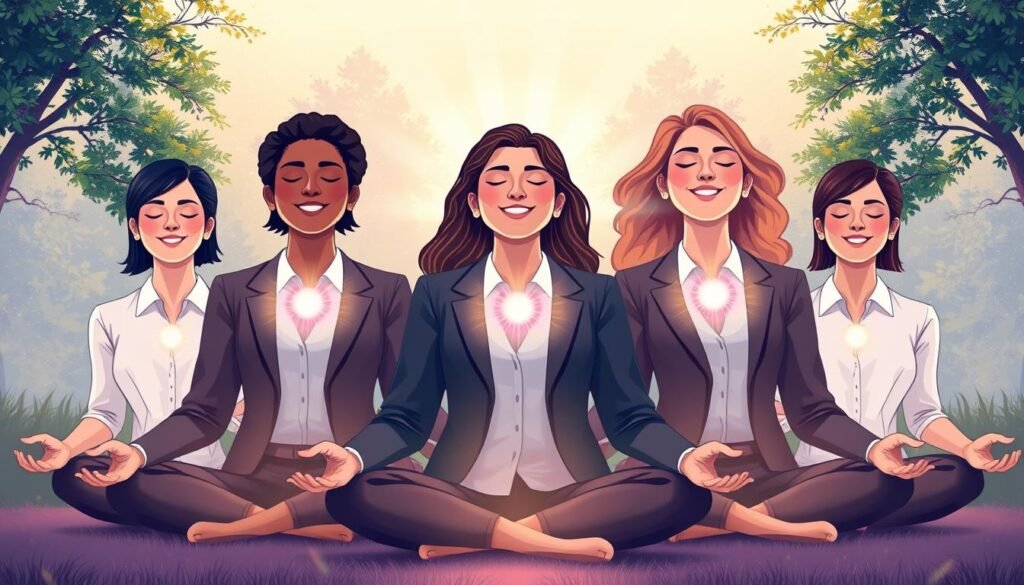 A serene and uplifting illustration representing the emotional and mental benefits of Theta Healing. In the foreground, a diverse group of five individuals, dressed in professional business attire, is engaged in a meditative pose, radiating calmness and positivity. The individuals are depicted with soft smiles, eyes closed, suggesting deep focus and emotional release. In the middle ground, vibrant energy waves or light beams emanate from their hearts, symbolizing transformation and healing. The background features a tranquil natural setting, with soft pastel colors of dawn light filtering through lush trees, creating a harmonious atmosphere. The lighting is warm and inviting, enhancing the overall sense of peace, while the angle captures the unity and collective energy of the group.