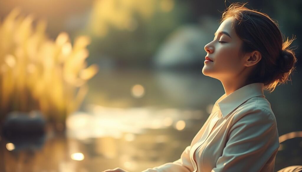 A serene and uplifting scene depicting emotional liberation: In the foreground, a close-up of a person sitting peacefully with eyes closed, dressed in modest, professional attire, reflecting tranquility. The middle ground features subtle energy waves radiating from their head, symbolizing the release of burdensome thoughts and stress. In the background, soft, blurred natural elements like gentle flowing water and serene greenery enhance the calming atmosphere. The lighting is warm and golden, creating a sense of hope and positivity. The image should have a soft focus with a slight bokeh effect, emphasizing the emotional release while maintaining an air of professionalism and serenity.