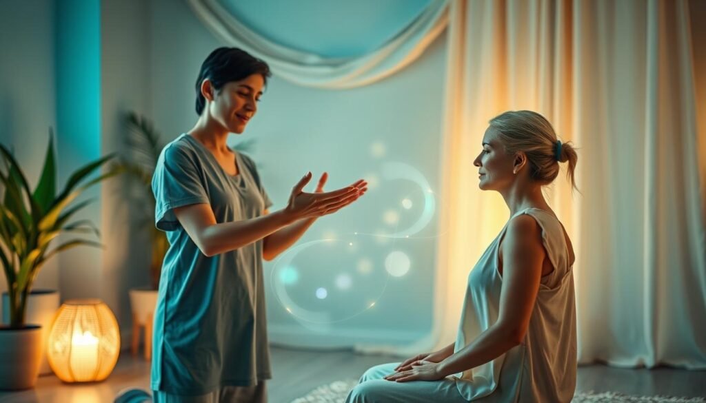 A serene energy healing session takes place in a softly lit room, rich with calming hues of blue and green. In the foreground, a centered practitioner, dressed in modest casual clothing, gently places their hands above a seated client, who appears relaxed in a light, flowing outfit. The practitioner's expression radiates focus and compassion. In the middle ground, subtle energy swirls in bright, ethereal colors, symbolizing the transfer of healing energy between them. The background features soft, natural elements such as indoor plants and light fabric drapes, enhancing the tranquil atmosphere. Warm, diffused lighting casts a soothing glow throughout the space, evoking a sense of peace and harmony. The angle captures the connection between the practitioner and client, emphasizing their interaction in this transformative experience. A serene energy healing session takes place in a softly lit room, rich with calming hues of blue and green. In the foreground, a centered practitioner, dressed in modest casual clothing, gently places their hands above a seated client, who appears relaxed in a light, flowing outfit. The practitioner's expression radiates focus and compassion. In the middle ground, subtle energy swirls in bright, ethereal colors, symbolizing the transfer of healing energy between them. The background features soft, natural elements such as indoor plants and light fabric drapes, enhancing the tranquil atmosphere. Warm, diffused lighting casts a soothing glow throughout the space, evoking a sense of peace and harmony. The angle captures the connection between the practitioner and client, emphasizing their interaction in this transformative experience.