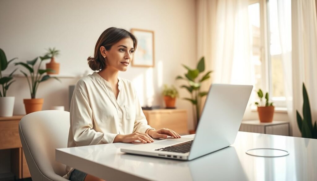 A serene home office setting with a calming atmosphere, featuring a professional woman in modest casual attire participating in an online energy session. In the foreground, a laptop is open on a stylish desk, with soft light illuminating the screen. The middle layer showcases calming decor, such as plants and soothing colors, creating a peaceful workspace. In the background, a window reveals a sunny day, with soft curtains flowing gently, enhancing the sense of flexibility and accessibility of online sessions. The overall mood is inviting and tranquil, encouraging relaxation and focus, with warm and natural lighting to create an inspiring environment.
