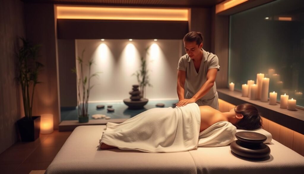 A serene spa setting depicting a professional massage session inspired by the holistic "Massage des Cinq Continents." In the foreground, a skilled massage therapist, dressed in modest, professional attire, is performing a gentle massage using aromatic oils on a client lying comfortably on a massage table. The client, wearing a simple, modest spa robe, appears relaxed and rejuvenated. In the middle, ambient soft lighting creates a calming atmosphere, accentuating the natural elements around, such as bamboo plants and calming stones. The background features delicate water features and softly lit candles, enhancing the tranquil environment. The overall mood is peaceful and restorative, inviting viewers to experience the essence of holistic wellness and detoxification.