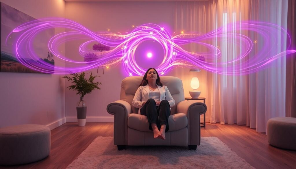 A serene therapy room bathed in soft, ambient lighting, featuring a central plush recliner occupied by a person in professional attire, relaxed yet focused. Surrounding them are ethereal elements representing theta healing techniques: swirling waves of vibrant energy emanating from the crown chakra, illustrated in hues of deep purple and shimmering gold. In the background, a wall adorned with calming nature imagery and soft, flowing curtains implies tranquility and healing. A subtle, dreamy glow permeates the atmosphere, creating a sense of peace and transformation. The angle is slightly elevated, giving a holistic view of the healing space, inviting viewers to feel the serenity and transformative energy within.