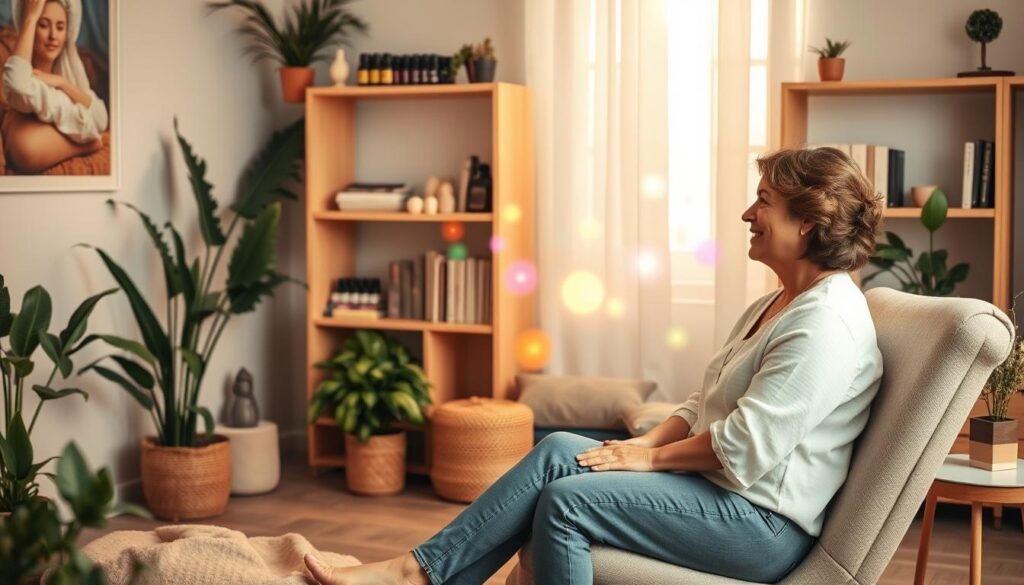 A serene therapy room bathed in warm, soft light, featuring a comfortable recliner surrounded by plants and calming decor. In the foreground, a professional coach in modest casual clothing, with a gentle smile, is guiding a client through an energy coaching session. The client, also dressed in casual attire, sits attentively as colorful energy orbs are depicted floating between them, symbolizing the flow of positive energy. In the background, shelves filled with crystals, essential oils, and books about wellness create a harmonious atmosphere. The scene captures an essence of tranquility and connection, illustrating the personalized support offered in energy coaching. The composition should have a soft focus and be well-lit, emphasizing the nurturing environment.