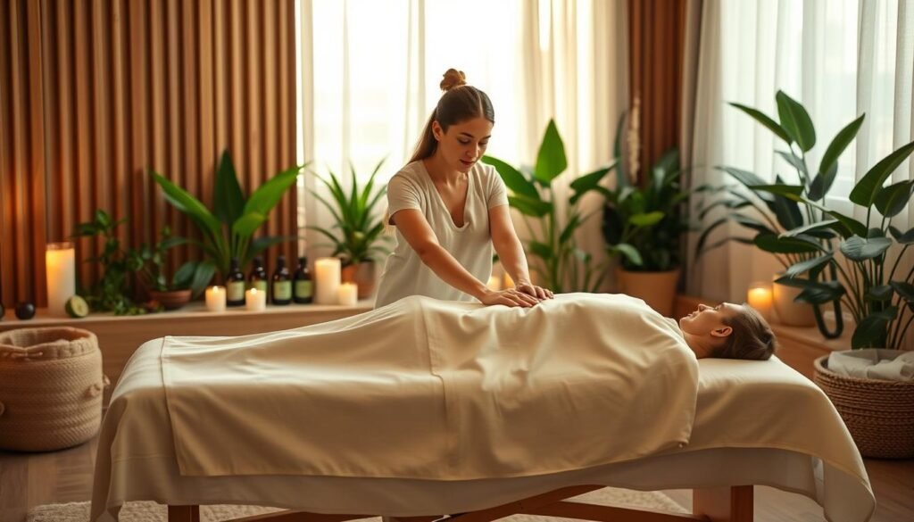 A serene, tranquil spa setting showcasing a "Massage des Cinq Continents." In the foreground, a therapist, dressed in modest casual clothing, performs a gentle massage on a client lying on a massage table, enveloped in soft white linens. The middle layer includes soothing elements like essential oil bottles, candles, and lush green plants that evoke a holistic ambiance. In the background, softly lit wooden accents and lightly draped curtains create a warm, inviting atmosphere. The lighting is soft and natural, with warm tones that enhance the relaxation feel. Capture the peaceful vibe of healing and energy awakening, emphasizing the connection to nature and holistic well-being in this immersive setting.