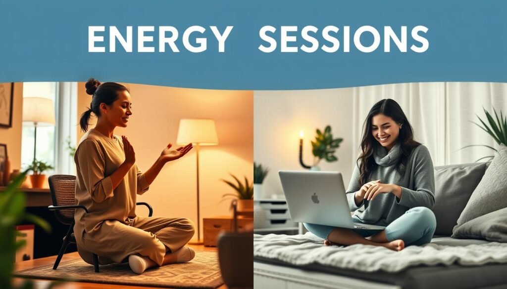 A visually striking comparison image illustrating "Energy Sessions" in two distinct settings: on the left side, a serene, inviting office space with warm natural light, featuring a professional therapist in modest casual clothing, guiding a client through an in-person energy session using gentle hand movements. On the right, a cozy home setting with soft ambient lighting, showing a person engaged in an online energy session via a laptop, wearing comfortable home attire. Capturing the essence of both environments, with a central division indicating the different modalities, the background includes subtle hints of nature for the office and calming decor for the home. The mood should be peaceful and uplifting, highlighting the accessibility and personalization of energy sessions in both formats.