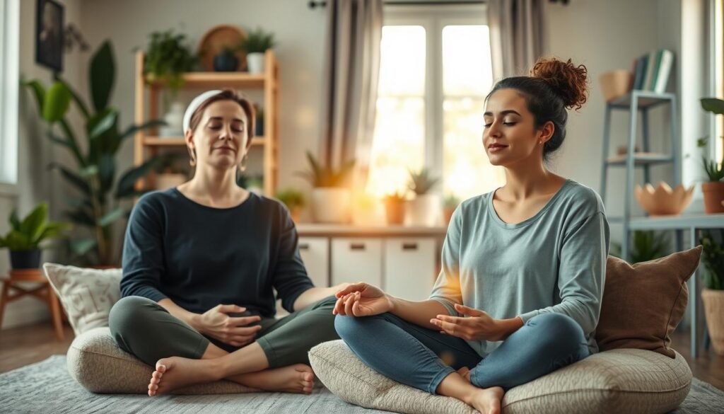 A warm and inviting energy healing session taking place in a serene office setting in Cenon. In the foreground, two individuals are seated comfortably on plush cushions, engaged in a focused energy exchange, with their eyes closed and expressions of tranquility. The middle layer features subtle, glowing orbs of light that symbolize energy flow surrounding them, casting a soft luminescence. In the background, a well-organized space filled with calming decor – potted plants, soothing colors, and wellness books on a shelf, creating a holistic environment. Soft, natural light filters through a window, enhancing the peaceful ambiance, with a shallow depth of field to keep the focus on the participants. The overall mood is peaceful, restorative, and supportive, embodying the advantages of in-person energy sessions.