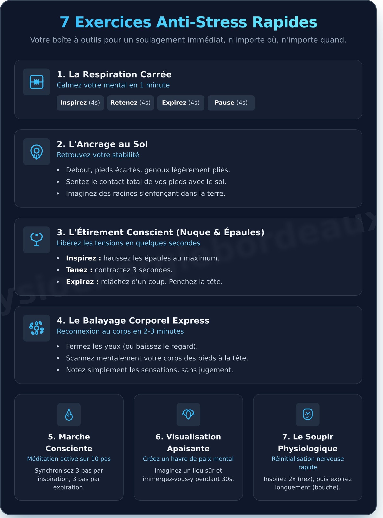 Exercice Anti-Stress : 7 Techniques Simples pour Apaiser le Corps et l&rsquo;Esprit - Infographic
